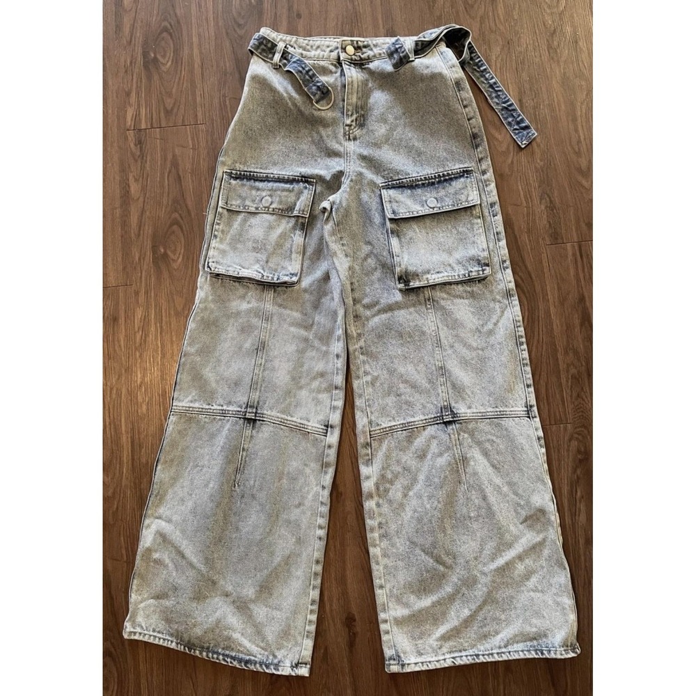 PTCL Jeans Womens 25 Gray Acid Wash Wide Leg Cargo Belted High Rise Utility
